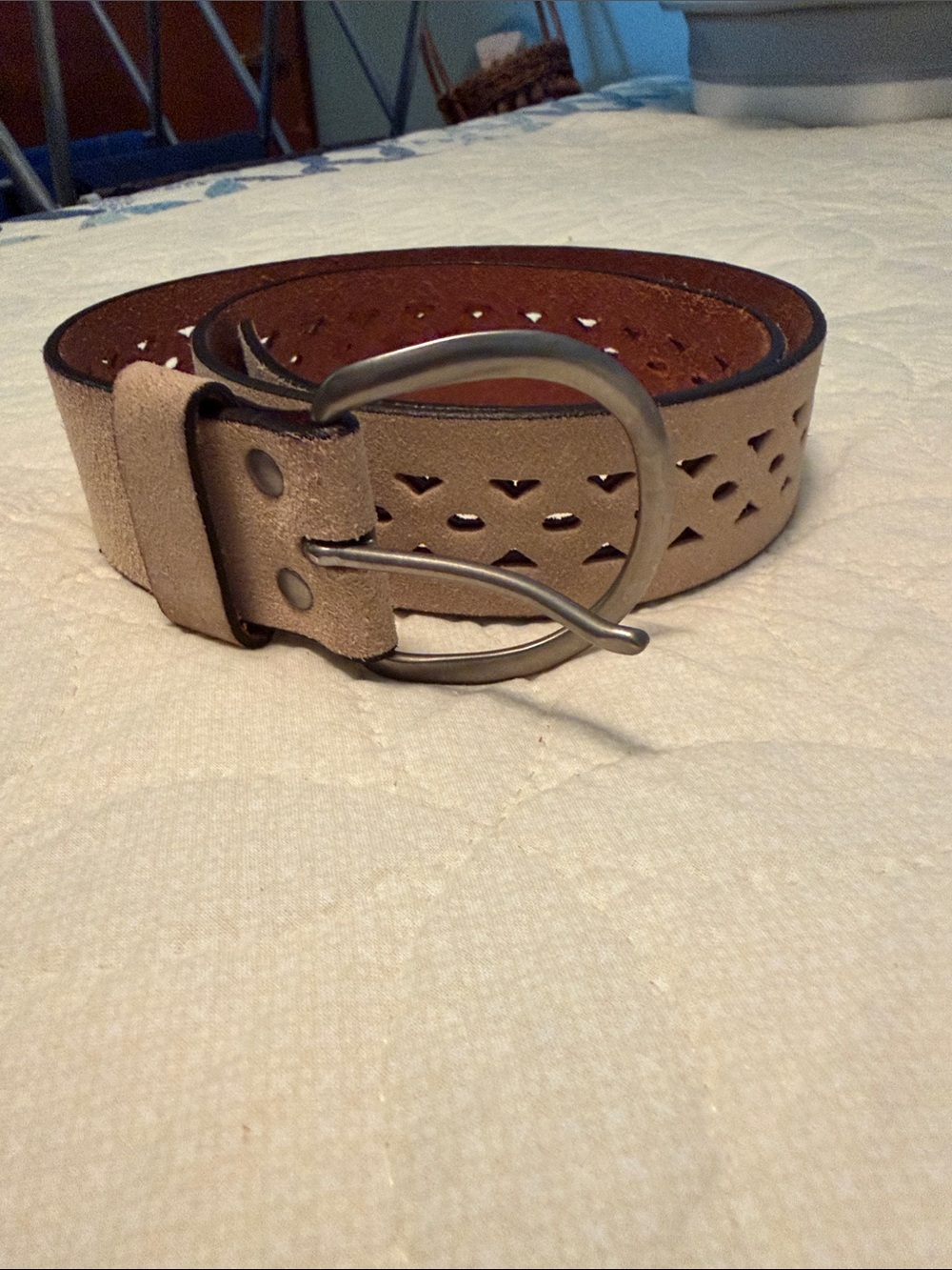 Women's Beige Suede Perforated Belt with Silver Buckle